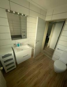 a bathroom with a sink and a toilet and a mirror at Apartment O&V 2 in Waldshut-Tiengen +10 photos