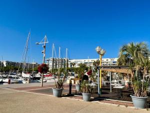 a marina with palm trees and a building with boats at Large Studio with sleeping area in Carnon-Plage