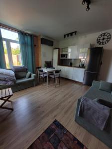 ZagłęboczeにあるDOMKI BEATUS HOME Zagłęboczeのソファとテーブルとキッチンのあるリビングルーム