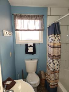 La salle de bains est pourvue de toilettes, d'une fenêtre et d'une douche. dans l'établissement Roseway River Cottages, à Shelburne 24 autres photos