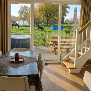 een eetkamer met een tafel en paarden in het veld bij Agroturystyka Błądkowo 20A, Dom 11 miejsc in Błądkowo