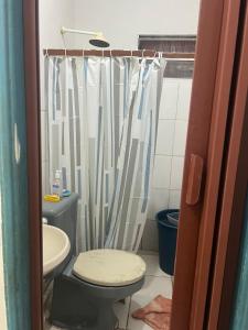 a bathroom with a toilet and a shower curtain at Casa de Elvira in Belém