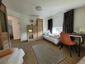 een slaapkamer met een bed, een bureau en een stoel bij Agroturystyka Błądkowo 20A, Dom 11 miejsc in Błądkowo