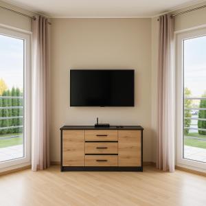 StrykowoにあるDom za Tujamiの2つの窓があるドレッサーの上にテレビがあるリビングルーム