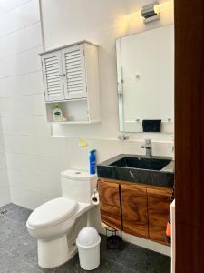 une salle de bain avec toilettes, lavabo et miroir dans l'établissement Casa amigos Comala, à Comala 11 autres photos