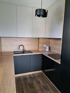 ブスコ・ズドロイにあるApartament Zdrojowyのキッチン(白黒のキャビネット、シンク付)