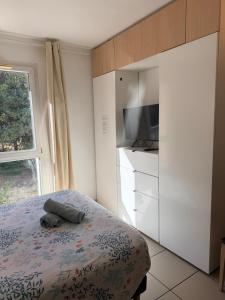 a bedroom with a bed and a tv and a window at Clos d'AIX studio 5 in Aix-en-Provence