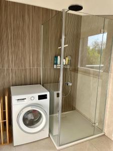 a washing machine in a bathroom with a shower at okoTime - Studio mit Dachterrasse in Birkenwerder