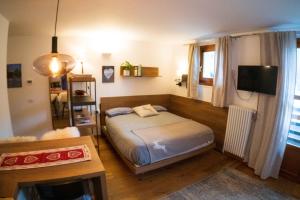 a bedroom with a bed and a television in it at Monolocale in centro a Madesimo in Madesimo