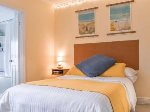 ein Schlafzimmer mit einem Bett mit gelben und blauen Kissen in der Unterkunft Ratcliffe Cottage in Ipswich + 14 Fotos