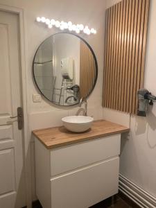 ein Badezimmer mit Waschbecken und Spiegel in der Unterkunft La maison d'Adélie in Bourbourg
