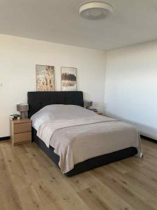 a bedroom with a bed and two pictures on the wall at ApartHouse in Klimontów