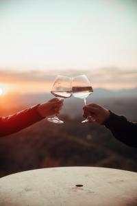 two people holding wine glasses in front of the sunset at SkyView Dežno in Makole +7 photos