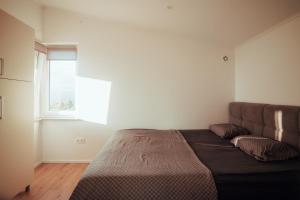 a bed in a small room with a window at SkyView Dežno in Makole