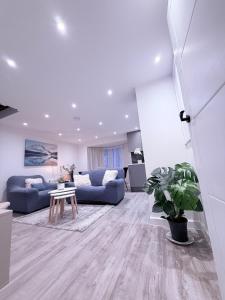 ein Wohnzimmer mit einem blauen Sofa und einem Tisch in der Unterkunft Bright Modern Apartment in Northfield