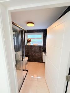 ein Bad mit einer ebenerdigen Dusche und einem WC in der Unterkunft Bright Modern Apartment in Northfield