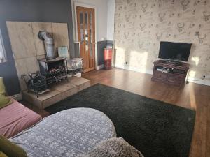a living room with a fireplace and a television at Sandylands in Braystones