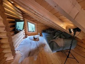 - un salon avec un canapé dans une cabane en rondins dans l'établissement Log cabin Waldsee 8, à Rieden