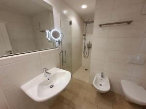 a bathroom with a sink and a mirror and a toilet at One-bedroom apartment in Sassnitz +15 photos