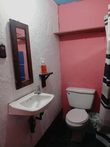 Un baño con un inodoro blanco y un lavabo. en Paseo Antigua, en Antigua Guatemala
