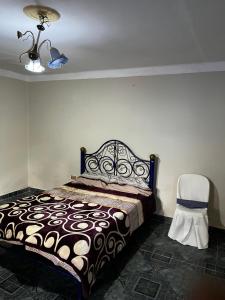 een slaapkamer met een bed, een lamp en een stoel bij Brisas del Cadillar in Tarija