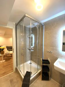 a glass shower in a bathroom with a sink at Allgäu-Nest mit Stellplatz in Durach +10 photos