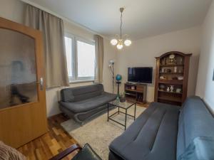 a living room with a couch and a tv at Retro apartment with three rooms in Bratislava
