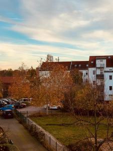 a park with cars parked in a parking lot at Anger17, Zentrales 2-Zimmer-Apartment in Dessau in Dessau