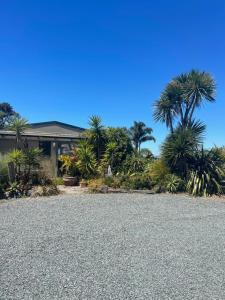 a house with palm trees and a gravel driveway at First Light in Mangawhai +9 photos