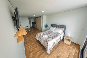a bedroom with a bed and a flat screen tv at Modern loft and parking ideal for couples in Acacías +20 photos