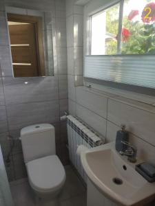 Un baño con inodoro, lavabo y ventana. en Dom Zawiadowcy, en Budry