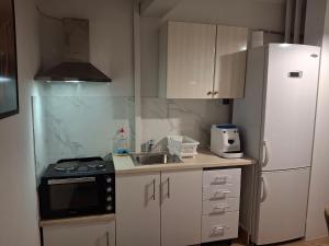 a small kitchen with a sink and a refrigerator at Nafpaktos happy town Apartment in port in Nafpaktos