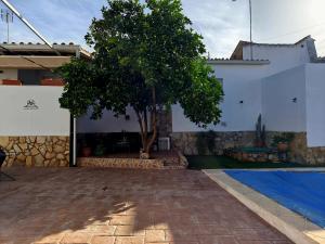 GuadajiraにあるVilla La Luna CHALET COMPLETOのスイミングプール横の木のある家