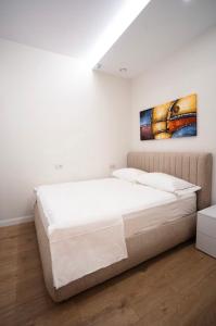 a bedroom with a bed with a painting on the wall at Class Apartments in Tirana
