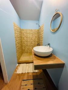 uma casa de banho com um lavatório e uma banheira com um espelho. em Tetaha Lodge em Tiputa