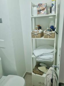 a bathroom with a shelf with towels and a toilet at Martin Pescador in Puerto Montt
