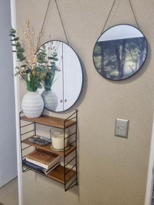 a room with two mirrors and a shelf with plants at Martin Pescador in Puerto Montt