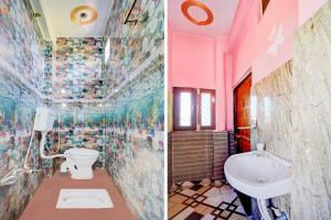 two pictures of a bathroom with pink walls and a toilet at SPOT ON Pradhan Hotel in Bhīta