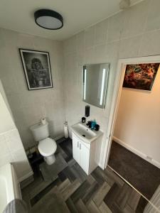 un baño con inodoro y lavabo en Blaenavon Luxury Home, en Blaenavon