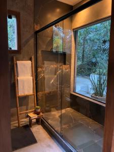 a glass shower in a room with a window at Chalé Au Clair de Lune Terê in Teresópolis