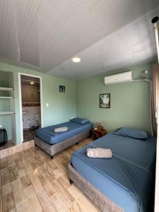 two beds in a room with green walls at Posada ontimeview in Providencia