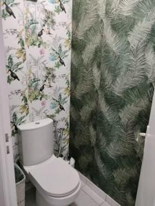a bathroom with a toilet and a green and white wallpaper at Appartement avec parking privé in Aytré
