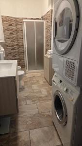 a bathroom with a washer and dryer in it at Rocca view central flat in Arona