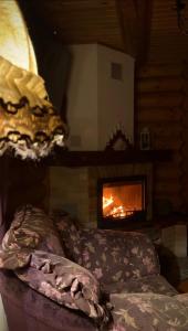 Una sala de estar con chimenea con un sofá y una chimenea. en Cottage PolyaNitsa окремий котедж з каміном, en Bukovel