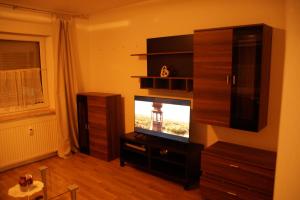 a living room with a flat screen tv on a entertainment center at Fortl's Apartment in Herzogenaurach