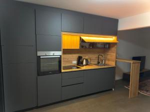 a kitchen with gray cabinets and a stove top oven at Ferienwohnung In Der Grafschaft in Altendorf