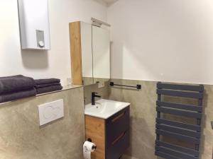 a bathroom with a sink and a mirror at Ferienwohnung In Der Grafschaft in Altendorf +11 photos