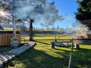 a backyard with a fire pit and a grill at Zielony Zakontek in Ratułów