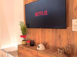 a flat screen tv on a wooden wall at Jacuzzi Studio Room in Shkodër