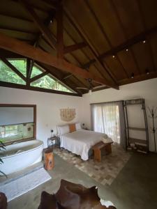 a bedroom with a bed and a tub in a room at Chalé Au Clair de Lune Terê in Teresópolis